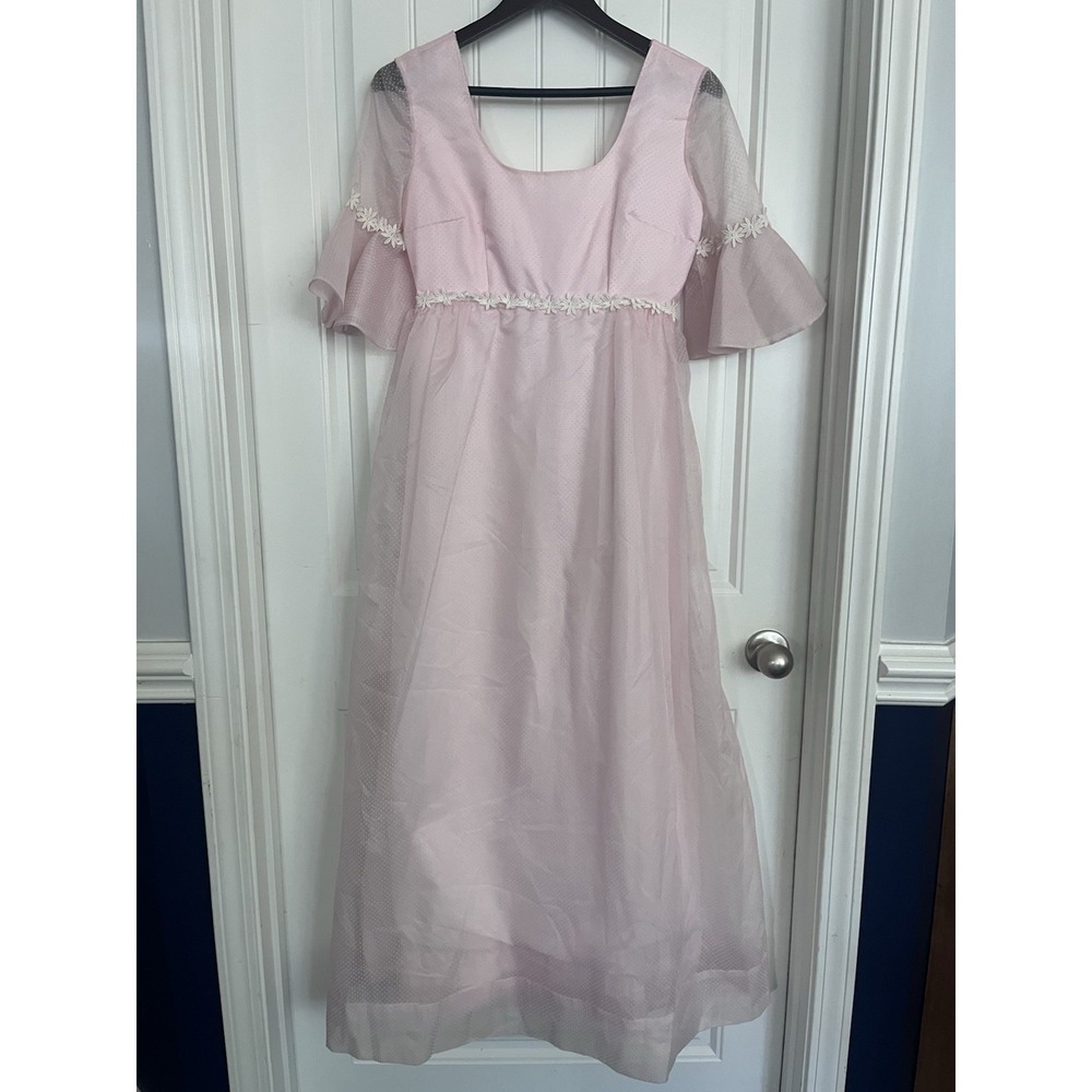 Vintage 1970s Empire Maxi‎ Dress Handmade Small Cottagecore Boho Pink 444